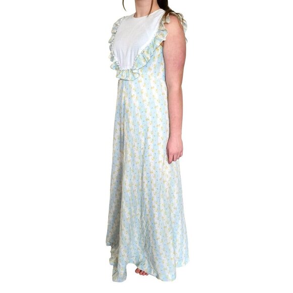 Hilda Hawaii 1970s Maxi Dres Vintage Sleeveless Floral Maxi Ruffle White Bib S - Picture 7 of 11